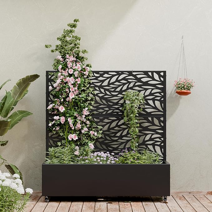 Casaphoria Metal Raised Garden Bed with Trellis and Wheels, 47"x47"x16" Planter Box for Climbing Plants, Vegetables & Vines, Features Drainage Holes and Privacy Screen (Black-Spring)