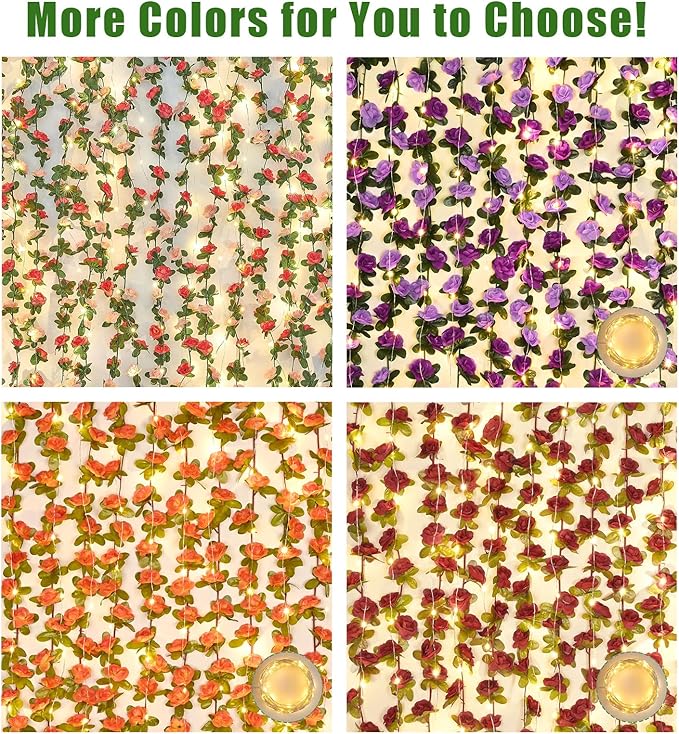 BLEUM CADE 5Pcs 41Ft Flower Garland Artificial Rose Vines with 32.8Ft String Lights, Cute Fake Hanging Flower Vines Floral Garland Decorations for Wedding Party Wall Room Decor Aesthetic