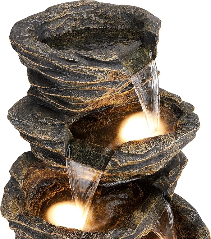 Alpine Corporation 39" Tall Outdoor 5 Tiered Natural Look Rock Water Floor Fountain with Replaceable Lights, Brown