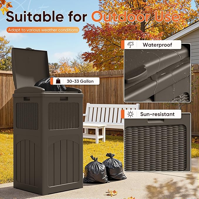 YESHOMY 33 Gallon Resin Outdoor Trash Can with Lid, Hideaway Waterproof Patio Garbage Bin, Brown
