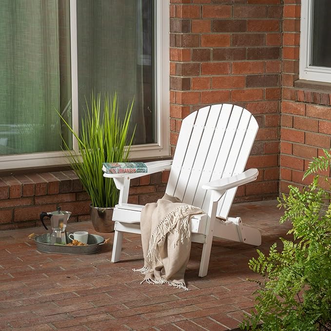 Merax Folding Adjustable Acacia Wood Adirondack Chairs, Water Proof Outdoor Wooden Fire Pit Lounge Reclining Chair for Yard, Garden, Patio, White
