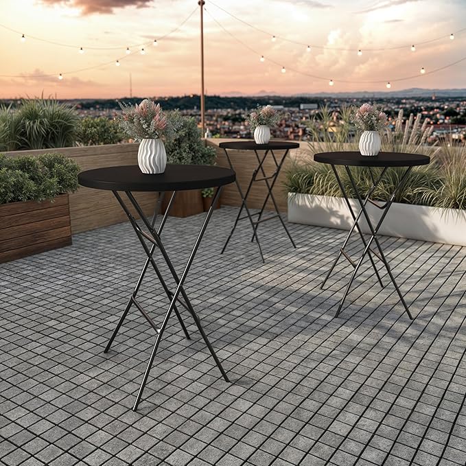Flash Furniture Elon Round Folding Bar Height Table for Parties and Commercial Events, Indoor/Outdoor Plastic Bar Height Folding Table, 32", Set of 4, Black