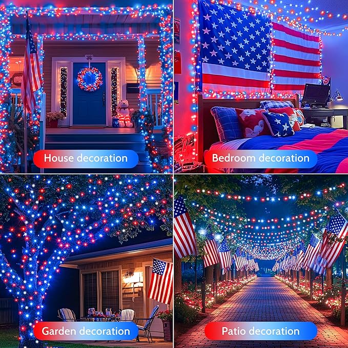 woohaha 2 Pack Red White and Blue Solar Lights,Total 400LED 144FT Patriotic Solar String Lights for Outside,Waterproof 4th of July Light for Independence Day,Garden,Tree,Fourth of July Decorations