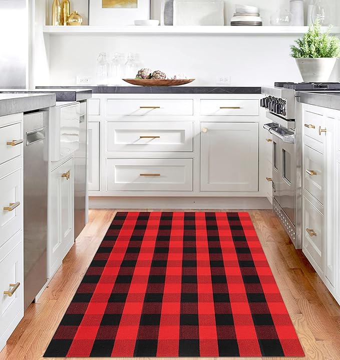 IOHOUZE Christmas Buffalo Plaid Rug 4x6 Ft Outdoor Indoor Rug Red Black Check Washable Area Rug Woven Cotton Checkered Front Porch Mat Christmas Decor for Front Door Entryway Living Room