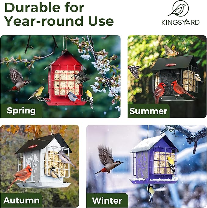 Kingsyard Metal Bird Feeder for Outdoor Hanging, Wild Bird Feeder with Double Suet Cage, Weatherproof Roof and 3 lbs Large Seed Capacity, Purple