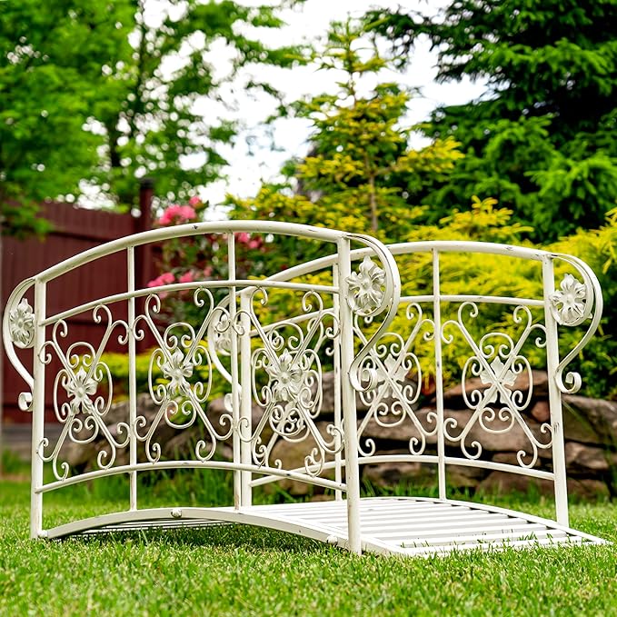 Zaer Ltd. Decorative Iron Garden Bridge, 40.5 x 22 x 22 inches, Antique Bronze or White, Floral Design (Antique White)