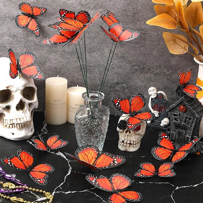 Augshy 75pcs 3D Monarch Butterfly Stakes Artificial Garden Monarch Butterfly Decorations for Day of The Dead Dia De Los Muertos Decor Halloween Party Supplies (3 Size)