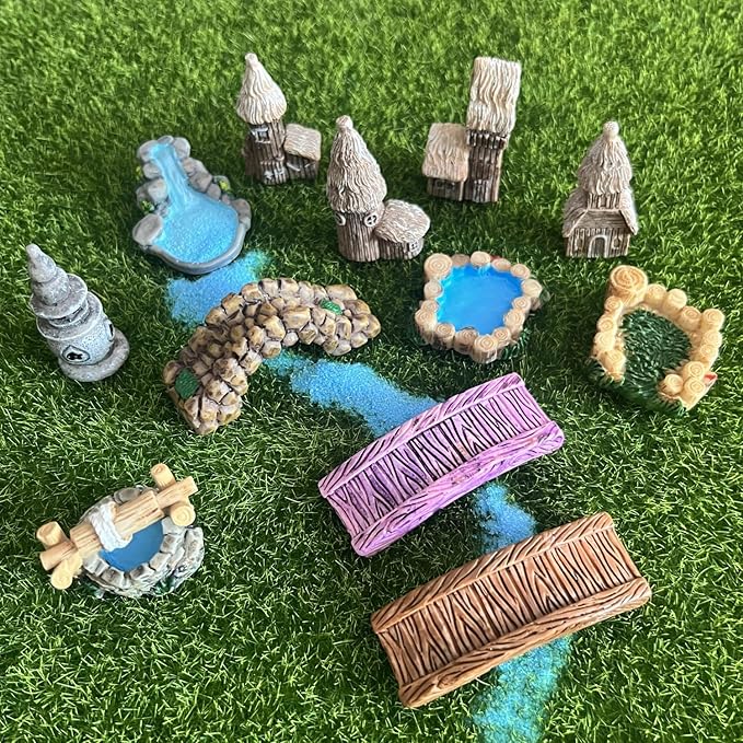 LONCESS Fairy Garden Accessories Miniature Tree House Bridge Mini Lighthouse Water Well Bridge Figurines Pond Lawn Ornament Figurines for DIY Craft Garden Decor,12 Peices