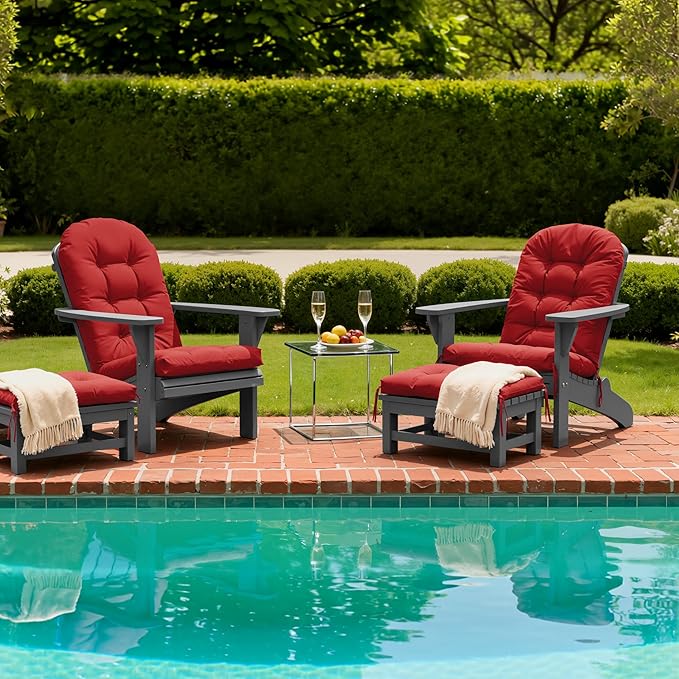 Adirondack Chair Cushion with Ottoman, Folding Adjustable Adirondack Seat Cushions, Waterproof Adirondack Patio Chair Pads for Garden, Deck, or Poolside, Small-Red-1