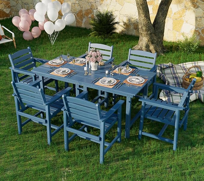 Anbuy Patio HDPE Dining Table Set, 7-Piece Outdoor Dining Table Sets, 2 in 1 Convertible Table and 6 Outdoor Chairs Outdoor All-Weather Furniture Set Blue