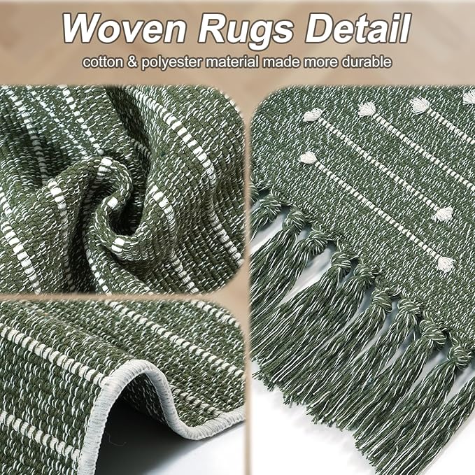 LIVEBOX Boho Green Bathroom Rug, Woven Bath Mat with Tassel Washable Cotton Blend Small Area Rug for Kitchen, Front Door(2'x3')