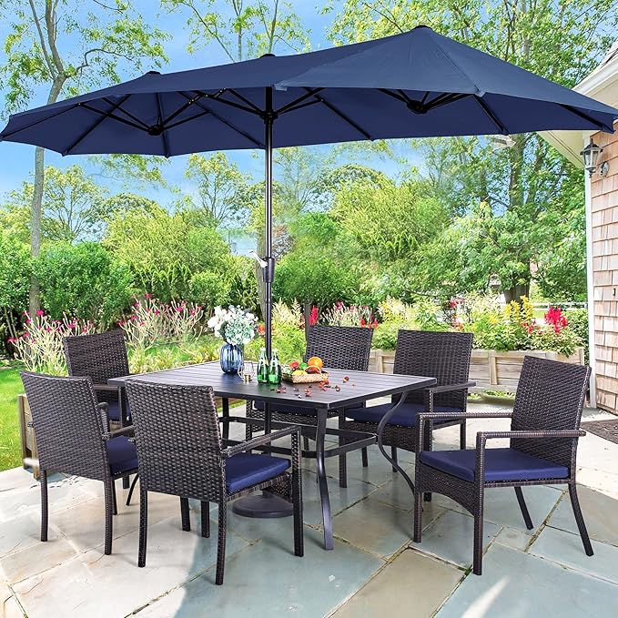 PHI VILLA 7 Piece Patio Dining Furniture Set with Umbrella, 60” Rectangular Metal Dining Table & 6 Cushioned Rattan Wicker Chairs & 13ft Large Blue Umbrella for Outdoor, Deck, Yard, Porch