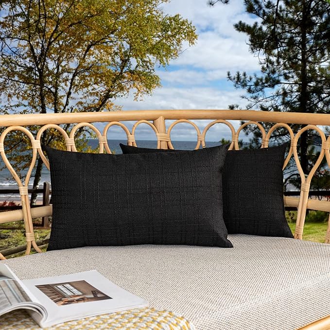 Kevin Textile Outdoor Waterproof Lumbar Pillow Covers 14x24 Inch Pack of 2 Checkered Decorative Rectangle Cushion Throw Pillowcases Shell for Patio Tent Garden Couch Bed Sofa Black