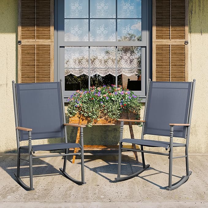 JY QAQA Outdoor Rocking Chair Set of 2, High Back All-Weather Patio Rocking Chairs with Breathable Back Rest, Ergonomic Design Porch Chairs for Porch, Garden, Balcony, Pool, Deep Gray