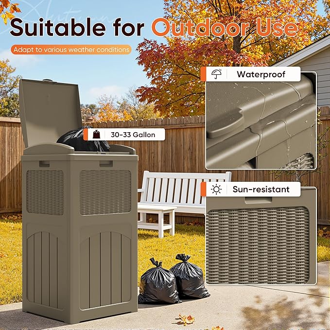 YESHOMY 33 Gallon Resin Outdoor Trash Can with Lid, Hideaway Waterproof Patio Garbage Bin, Coffee