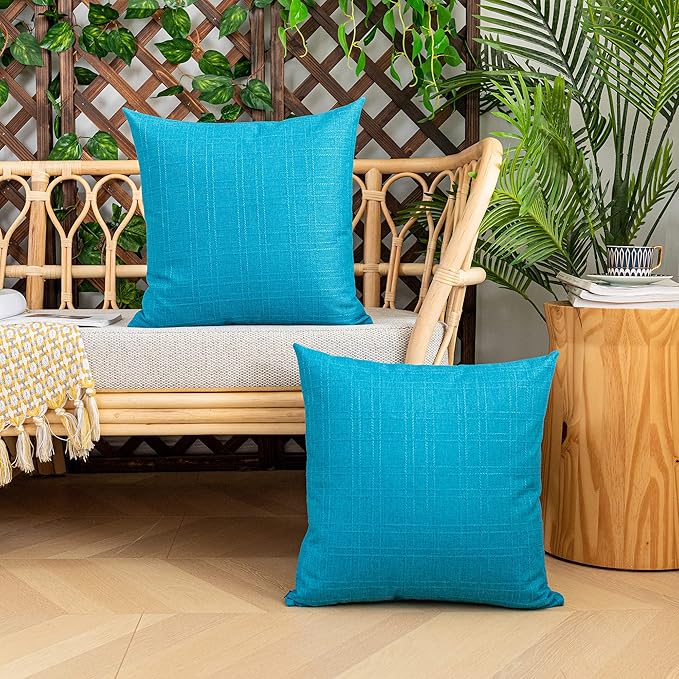 Kevin Textile Outdoor Waterproof Pillow Covers Pack of 2 Checkered Decorative Euro Sham Cushion Throw Pillowcases Shell for Patio Tent Garden Couch Bed Sofa 26x26 Inch Peacock Blue