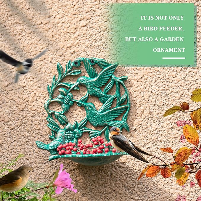 Sungmor Cast Iron Wall Mounted Bird Feeder, Cute Hummingbird Decor Small Water Bath, Wall Hanging Fence Bird Bath Feeder, Beautiful Green Birdfeeder for Garden Backyard Patio Wall Decoration