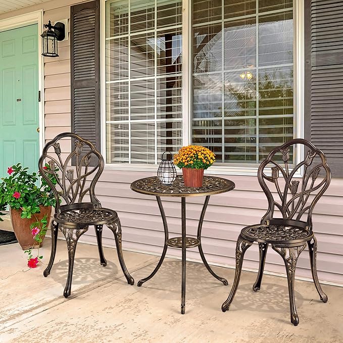 Yaheetech Patio Bistro Sets 3 Piece, Outdoor Rust-Resistant Cast Aluminum Garden Table and Chairs, Bronze