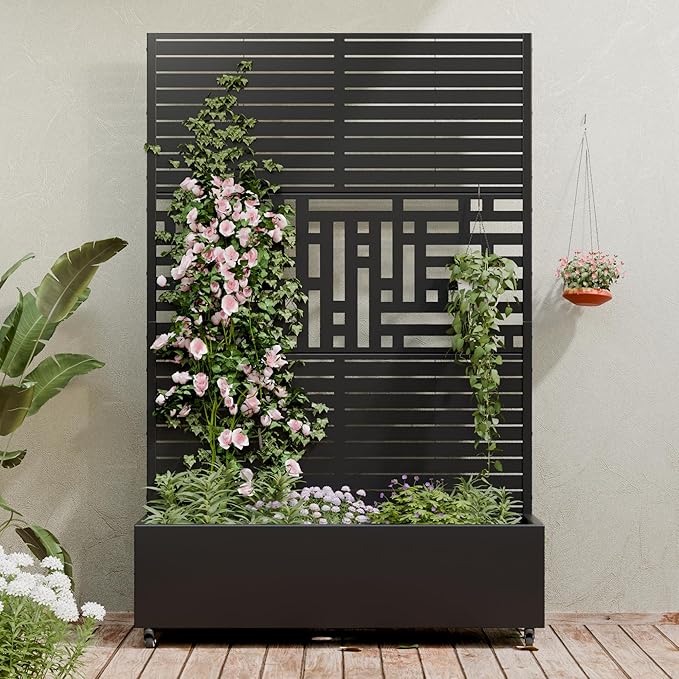 Casaphoria Metal Raised Garden Bed with Trellis and Wheels, 72"x47"x16" Planter Box for Climbing Plants, Vegetables & Vines, Features Drainage Holes and Privacy Screen, Black(Louvered&Helen)
