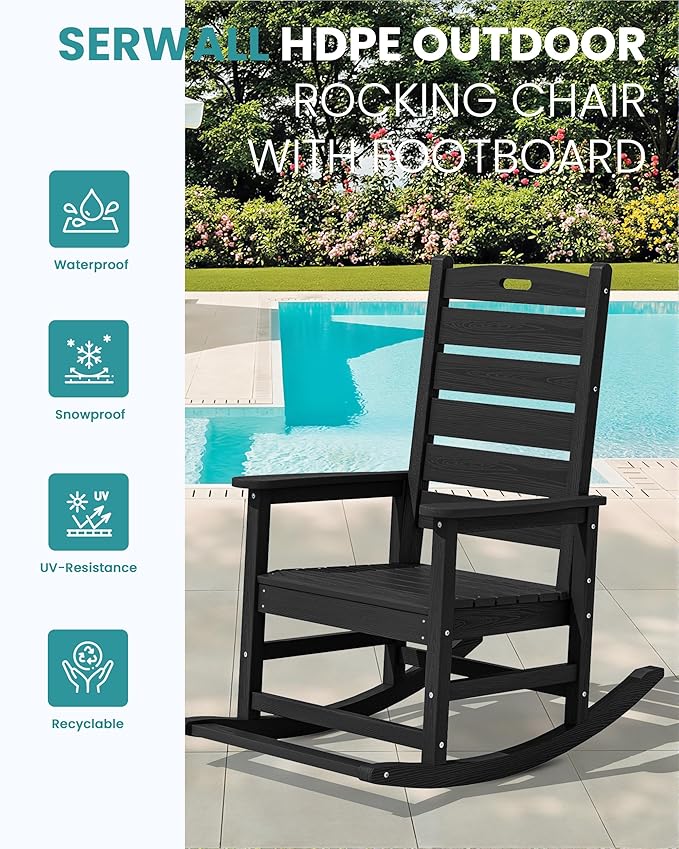 SERWALL Oversized Outdoor Rocking Chair, HDPE Patio Rocking Chair with Footboard for Adults, All Weather Porch Rocker for Deck Patio Balcony, Black