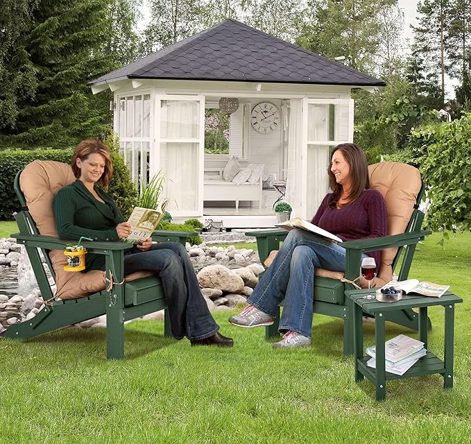 nalone Folding Adirondack Chair with Cushion with Cup Holder, HDPE Plastic Oversized Patio Chair Weather Resistant, Used in Outdoor, Fire Pit, Deck, Garden, Campfire Chairs (Green)