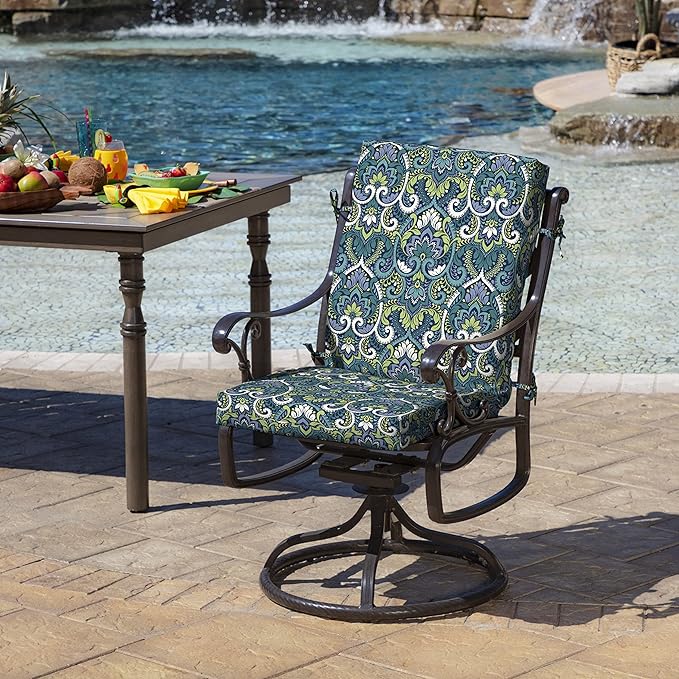 Arden 2-Pack Outdoor Patio Dining Chair Cushion, 20x44, Rain-Proof Seat Pad, Fade-Resistant Outdoor Cushion Sapphire Aurora Blue Damask