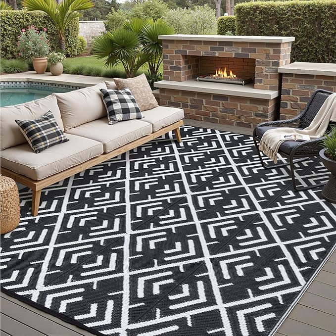 HUGEAR RV Outdoor Rug Waterproof Mat Outdoor Rugs 9'x12' for Patios Clearance Carpet Outdoor Camping Rugs Large Plastic Straw Rug(8x10ft Geometric Black&White)