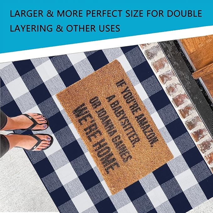 MUBIN Cotton Buffalo Plaid Rug, 3'x5' Navy Blue and White Outdoor Rug Front Door Decorative Mat, Hand-Woven Reversible Foldable Rug for Layered Door Mats Washable Carpet for Front Porch, Entryway