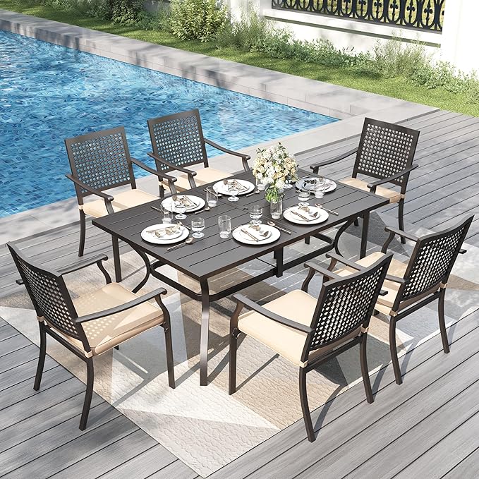 PHI VILLA 7 Pieces Outdoor Dining Set for 6, 60" Long Rectangular Iron Table & Stackable Metal Chairs with Cushions, Large Furniture Set for Patio, Porch, Yard, Deck