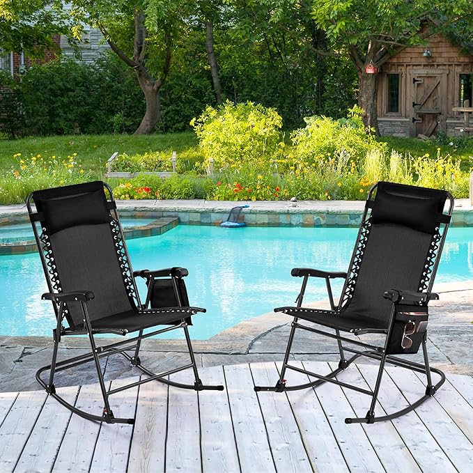 Yaheetech 26in Rocking Chair Outdoor Zero Gravity Folding Chairs Rocking Chairs Foldable Outdoor Lounge Chair for Outside Lawn with Phone Holder/Pillow Ergonomic Design for Rest, Black, Set of 2