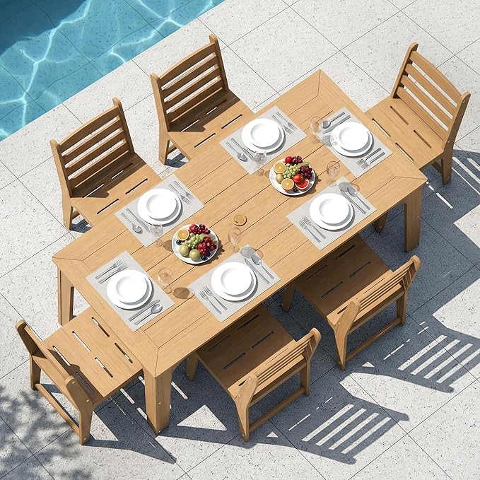 7-Piece HDPE Patio Dining Set, Weather-Resistant Outdoor Table with 2/1.5-Inch Umbrella Hole, Never Sagging One-Piece Tabletop with Metal Support Bars for Poolside Backyard Garden (Teak Color)