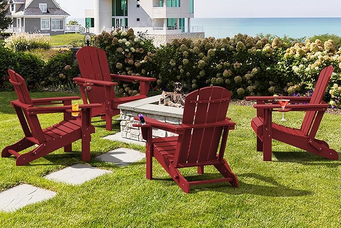 SERWALL Adirondack Chair with Cup Holders - Composite Adirondack Chairs Set of 2 HDPE Outdoor Chairs All Weather Use- Dark Red