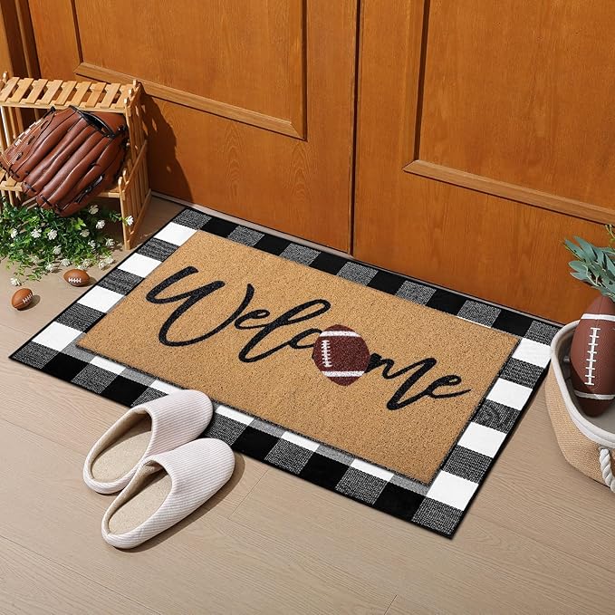 Tinideya 2 Pcs Football Door Mat Welcome Non Slip Coir Mats Funny Black White Buffalo Plaid Floor Layering Doormats Seasonal for Front Porch Entryway Decor(Football)
