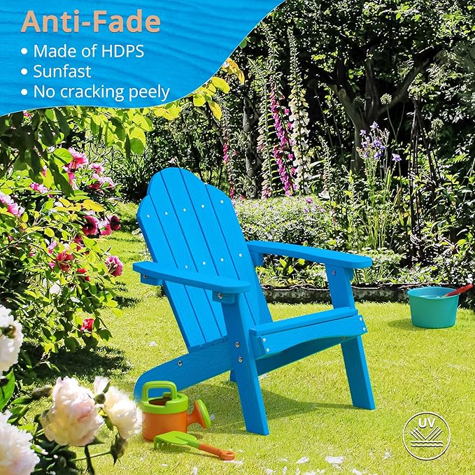 LUE BONA Kids Adirondack Chair Set of 2, Blue Poly Lumber Plastic Weather Resistant Toddler Outdoor Patio Lounge Chair for Balcony, Backyard