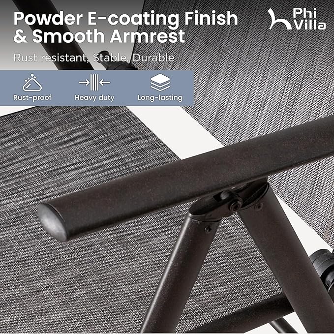 PHI VILLA 5-Piece Outdoor Dining Set for 4, All-Weather Grey Patio Furniture Set with Adjustable Folding Chairs & Square Metal Steel Table - Lightweight Portable Backyard Garden Set