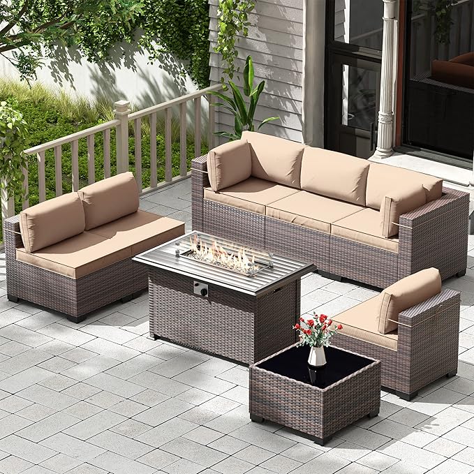 Kullavik 8 PCS Outdoor Patio Furniture Set with 43" 55000BTU Gas Propane Fire Pit Table PE Wicker Rattan Sectional Sofa Patio Conversation Sets,Khaki