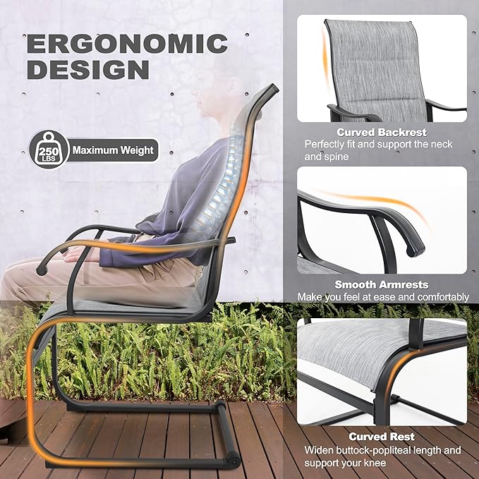 NUU GARDEN 5 Piece Outdoor Dining Set, All Weather Outdoor Padded Textilene Patio Chairs and Square Dining Table with Umbrella Hole for Backyard, Patio, Garden, Deck, Light Grey and Black