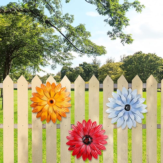 Hotop 3 Pcs Metal Flower Wall Art 3D Metal Daisy Wall Decor Multiple Layer Hanging Flower Rustic Farmhouse Boho Style Decorations for Indoor Outdoor Home Living Room Office Garden, 8 Inches(Retro)