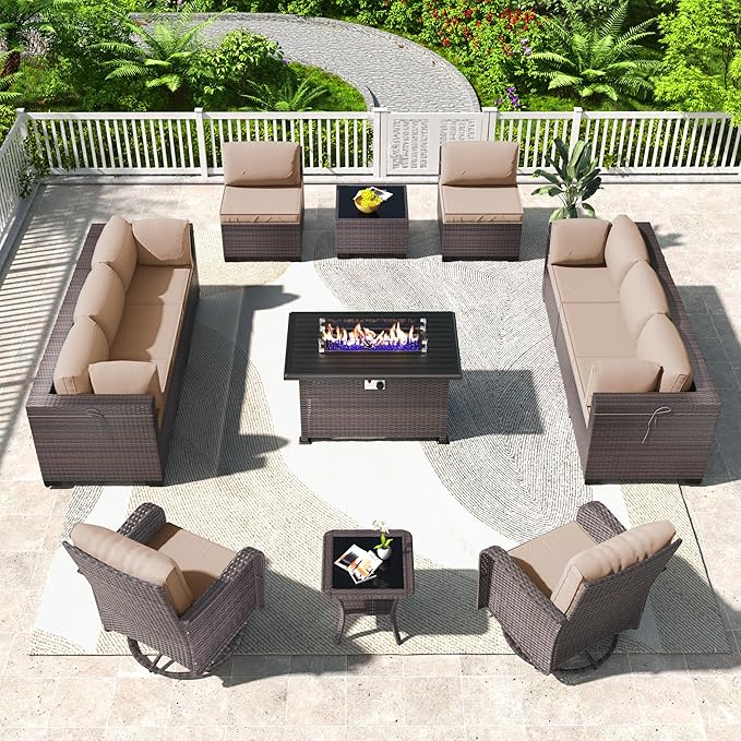 Kullavik 13PCS Outdoor Patio Furniture Set,PE Wicker Rattan Sectional Sofa Patio Conversation Sets with 43" 55000BTU Gas Propane Fire Pit Table,Swivel Rocking Chairs Set,Sand