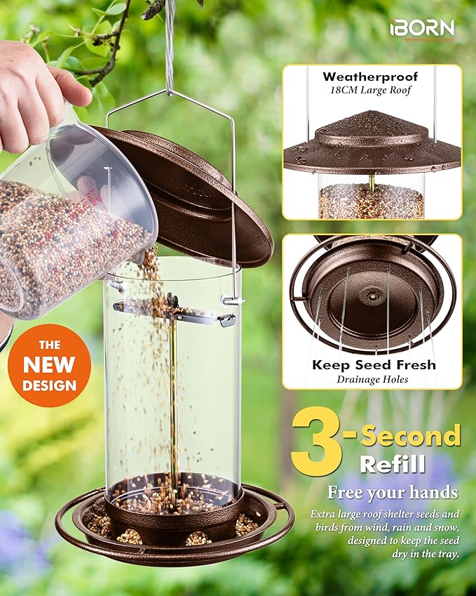 iBorn Bird Feeder for Outside Hanging,Bird Seed for Outside Wild Bird Feeders for Garden Yard Outdoor Decoration,Round Roof Design Coffee
