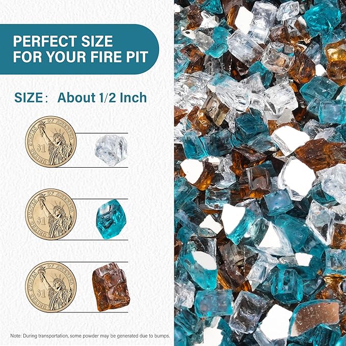 NUPICK 5 Pound Fire Glass, 1/2 Inch Reflective Fire Pit Glass, Tempered Firepit Glass Rock for Propane or Natural Gas, Glass Rocks for Fire Pit Table or Fireplace, Aqua Blue & Copper & Platinum Mix
