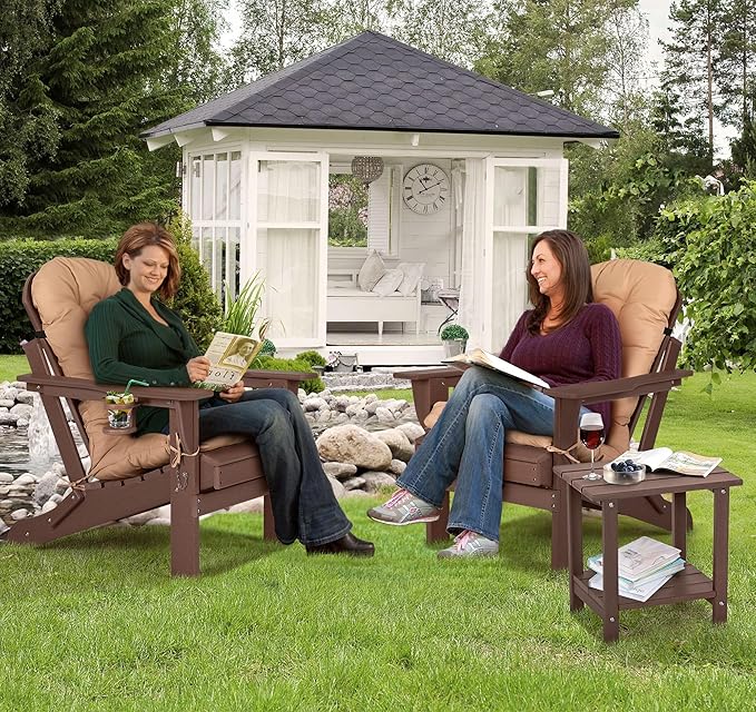 nalone Folding Adirondack Chairs Set of 2 with Cushion with Cup Holder, HDPE Plastic Oversized Patio Chair Weather Resistant, Used in Outdoor, Fire Pit, Deck, Garden, Campfire Chairs