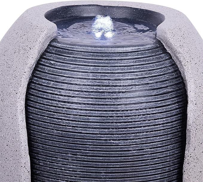 Alpine Corporation - 29" Tall Two Tone Ribbed Jar Floor Fountain with LED Lights – Elegant Indoor/Outdoor Water Feature, Easy Setup with Pump & Plug-in Design (Gray)