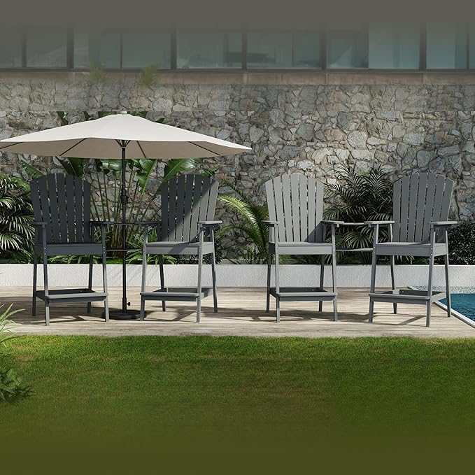 GarveeLife Outdoor Bar Height Adirondack Chairs with Connecting Tray, Balcony Chairs Adirondack for Deck, Backyard, Outdoor Tall Adirondack Chairs, Patio High Set of 4, Dark Grey