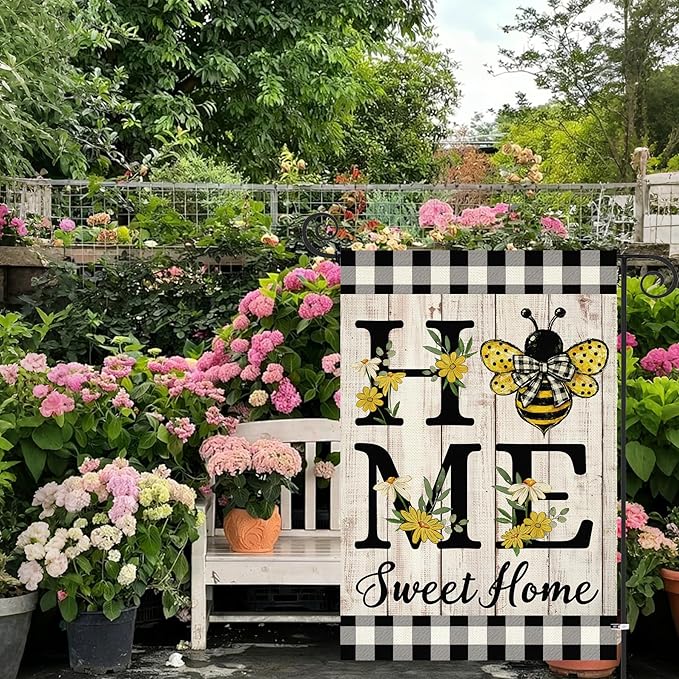 ORTIGIA Home Sweet Home Bee Garden Flag Double Sided 12.5x18 Inch, Spring Summer Yellow Flower Buffalo Plaid Check Small Yard Flag Burlap Farmhouse Rustic Outside Outdoor Lawn Patio Decor