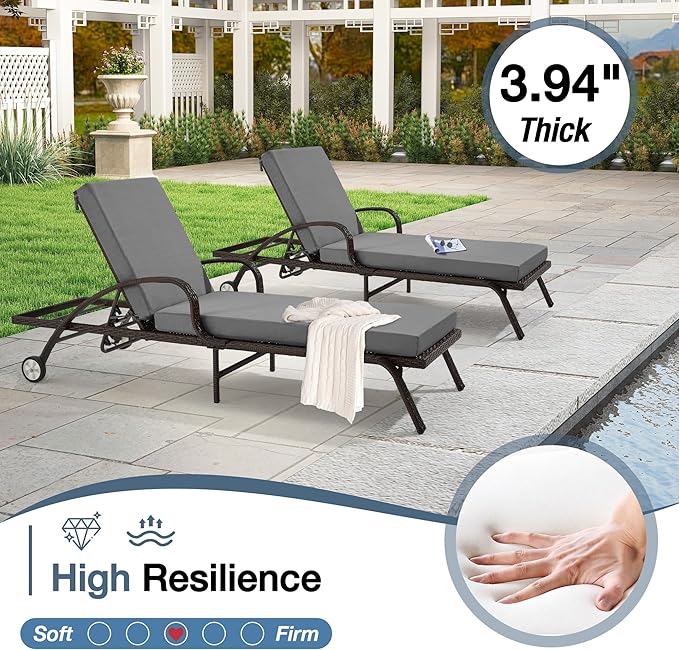 HOMREST 73.2x22.8x3.94 inches Lounge Chair Cushion Set of 2,Outdoor Chaise Lounge Cushion with Splash Fade Tear Resistant Fabric,Grey