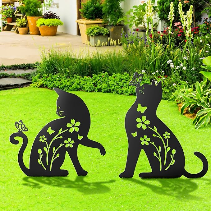 2 Packs Cat Garden Decor for Outside, Cat Gifts for Women/Men/Mom/Grandma, Metal Decorative Garden Stakes for Outdoor Lawn Statues Yard Art