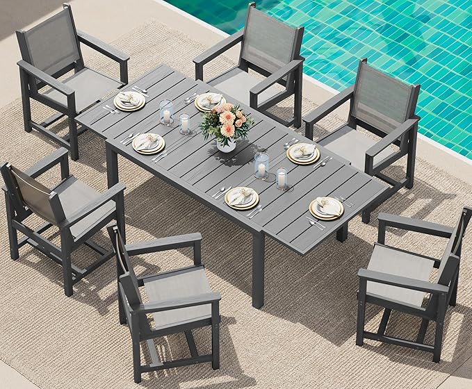 SERWALL 7-Piece Patio Dining Sets, 60" - 83" Expandable Outdoor Dining Table with 6 Breathable Textilene Chairs, All Weather HDPE Patio Furniture Set for Backyard, Garden, Grey
