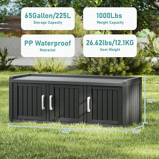 KAMABOKO Outdoor Shoe Storage Cabinet Waterproof UV-Resistant, Entryway Storage Bench Indoor Outdoor with 3 Barn Doors, Adjustable Shelves for Entryway, Bedroom, Hallway,Living Room(Black)