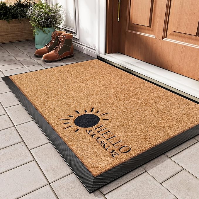Dirt Trapping Outdoor Welcome Mats, 31x47 Durable Non-Slip Door Mat Outside Entrance, Low Profile Easy Clean Doormat for Patio Porch Front Indoor Entryway, Brown